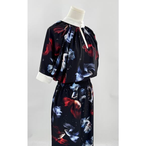 Julia Allert Black Maxi Long Dress Red Blue Fish White Collar Large NWT - Picture 1 of 13